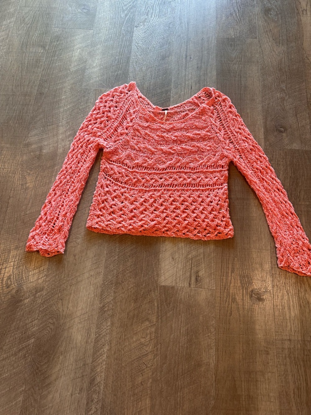 Women’s Free People Peach/Coral Crochet Open Knit Boat Neck Sweater Size M